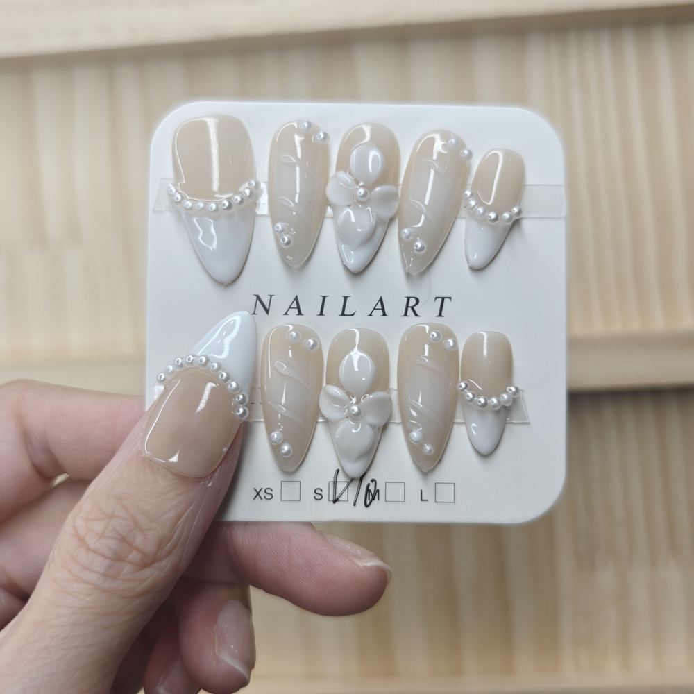Nude and White French Tips Almond Shape Handmade Press-On Nails - Picture 3 of 10